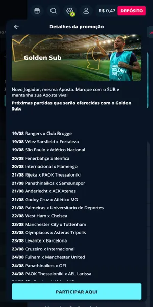 P&aacute;gina com informa&ccedil;&otilde;es sobre a promo&ccedil;&atilde;o Golden Sub na Novibet