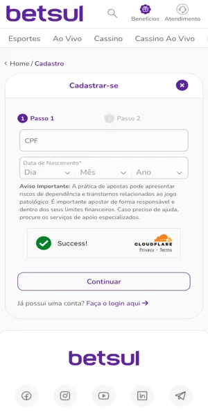 Imagem do processo de abrir conta na Betsul Brasil