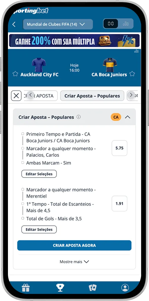 Tela com possibilidade de escolher editar opções de criar aposta.