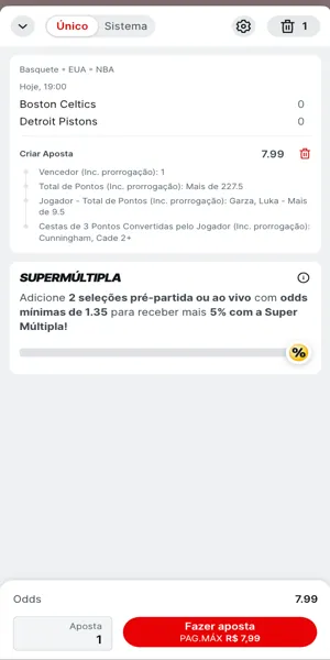 Imagem com o exemplo de aposta feita com Criar Aposta na NBA na Superbet