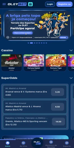 Interface principal da Oleybet com op&ccedil;&otilde;es de apostas esportivas