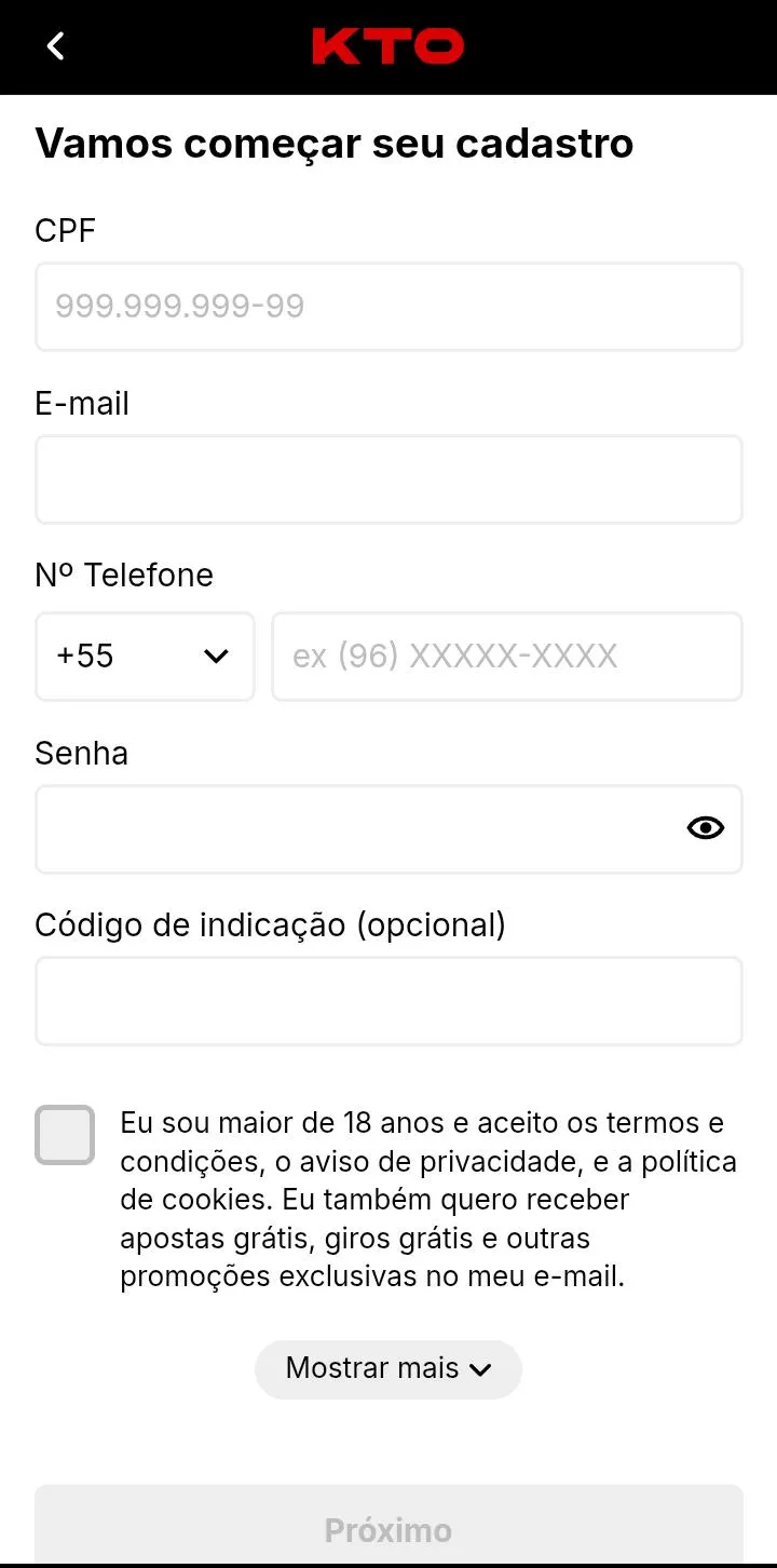 Formul&aacute;rio de cadastro da KTO