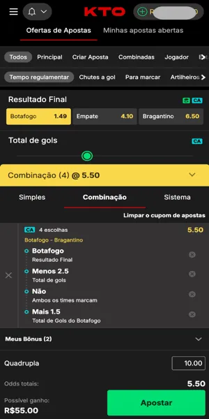 Imagem de uma aposta feita com o recurso Criar Aposta da KTO