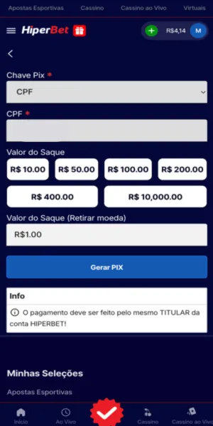 Imagem do processo de solicita&ccedil;&atilde;o de saque da Hiperbet