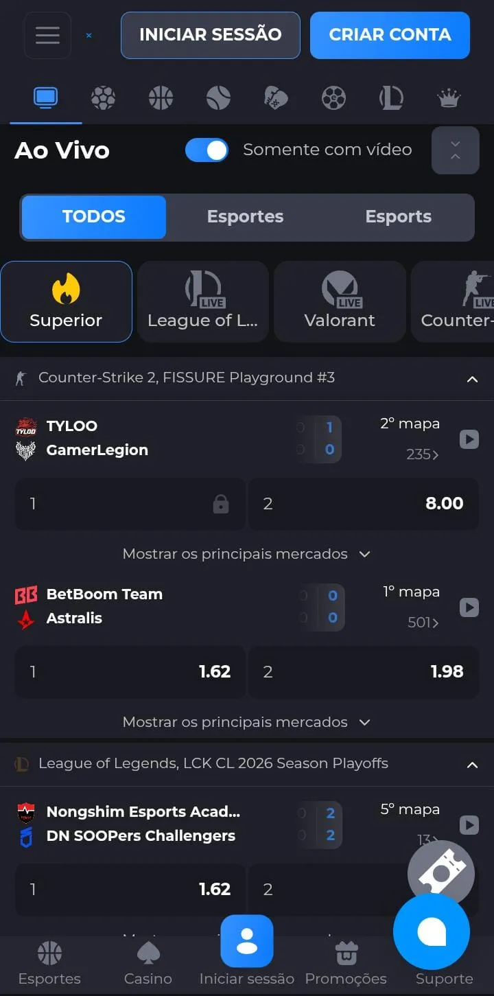 Apostas ao vivo em eSports da Receba Bet.