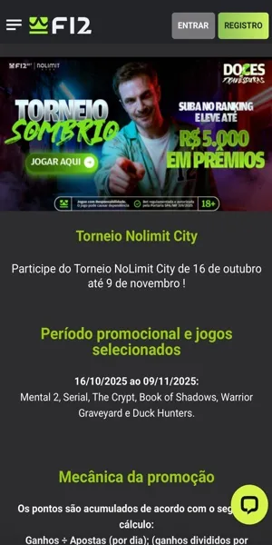 Imagem com a página da promoção Nolimit City da F12 Bet com prêmios de até R$5.000
