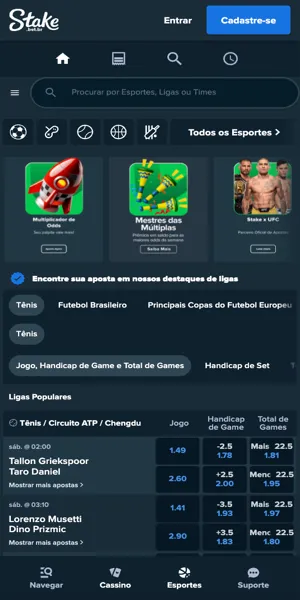 Página inicial da Stake com opções de apostas esportivas
