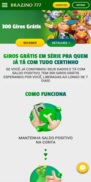 Imagem da página da promoção 300 giros grátis na Brazino777