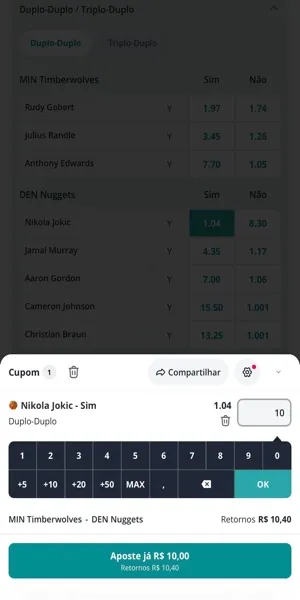 Imagem do bilhete de apostas em uma odd de duplo-duplo no basquete na Novibet.