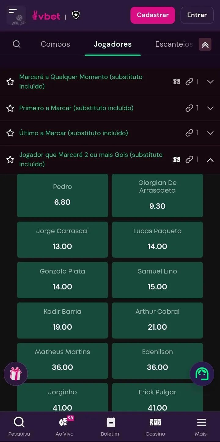 Mercados de jogadores com Substitui&ccedil;&atilde;o Premiada na Vbet