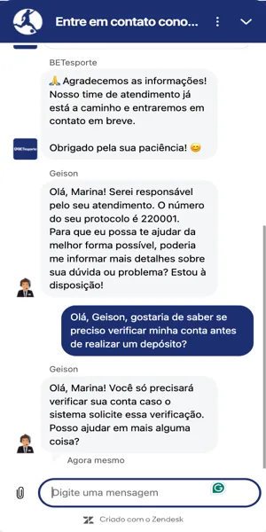 Imagem com o atendimento ao cliente no chat ao vivo da BETesporte.