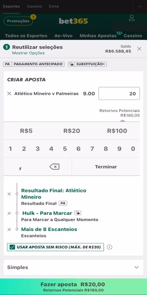 Imagem do bilhete de aposta com a possibilidade de ativar a oferta da Bet365 de aposta sem risco.