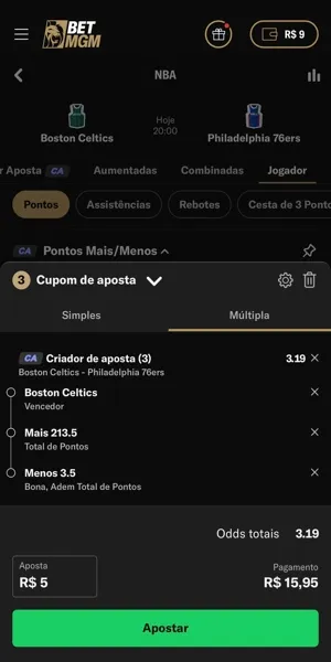 Imagem do bilhete de aposta feito com o recurso Bet Builder na BetMGM em um jogo da NBA