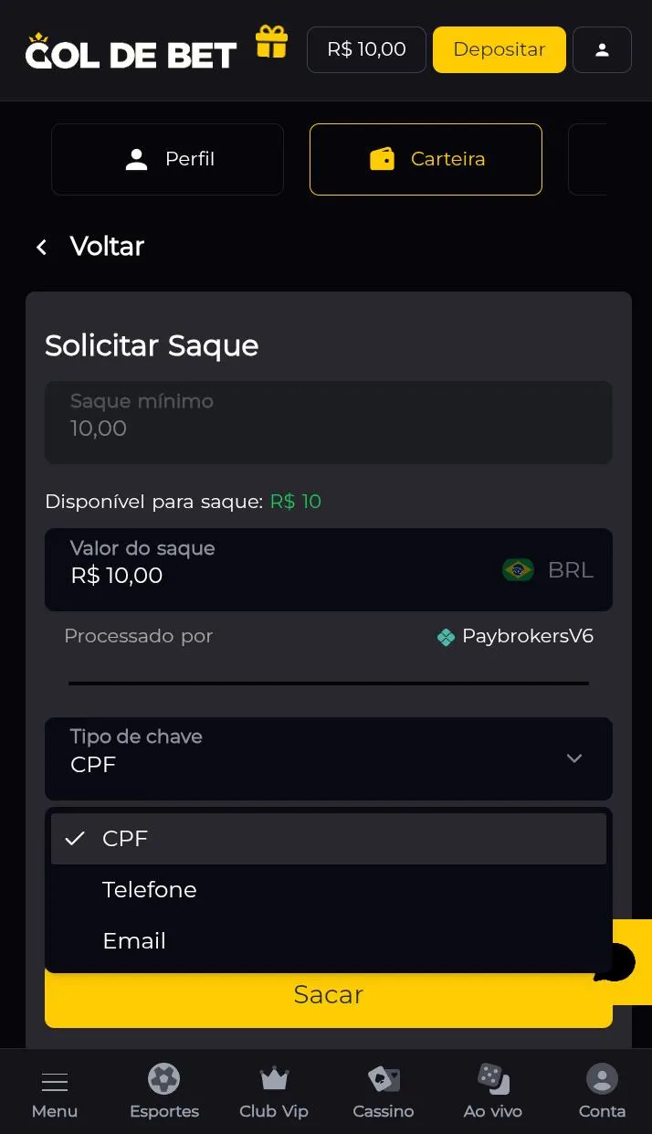 Formul&aacute;rio de saque da Gol de Bet