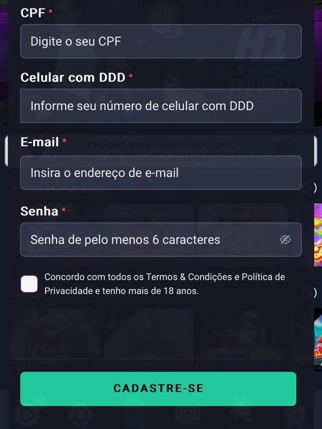 Tela de cadastro na H2Bet