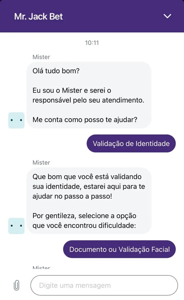 tela mostrando o atendimento ao cliente na Mr Jack Bet que funciona 24h por dia.