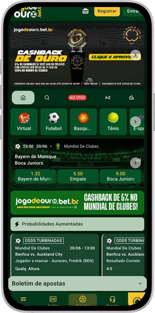 Tela inicial da casa de apostas Jogo de Ouro com saque rápido