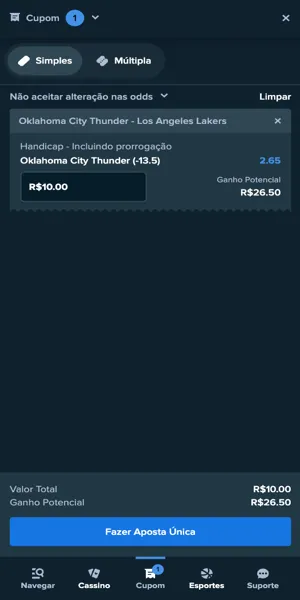 Imagem do bilhete de apostas com palpite em jogo da NBA na Stake