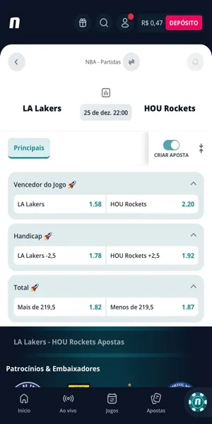 Imagem das opções de mercados na seção "Criar Aposta" em um jogo do Lakers na temporada da NBA na Novibet