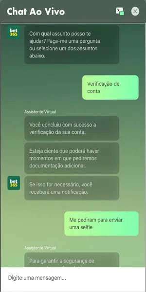 Imagem com a utilização do chat ao vivo da Bet365, agora automatizado com chatbot para agilizar o processo de suporte para dúvidas menores
