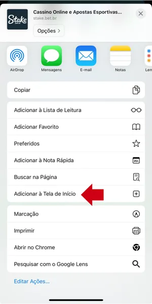 Imagem de como fazer o atalho para utilizar o Stake app no iOS