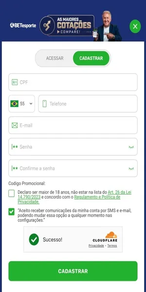 Imagem do processo de cadastro de uma nova conta na Betesporte