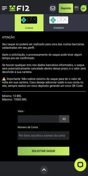 Imagem do processo de saque via Pix na F12 Bet
