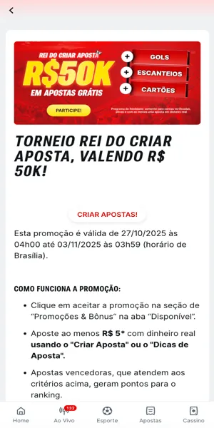 Imagem da página da promoção do torneio "Rei do Criar Aposta" válido com o código de indicação Superbet