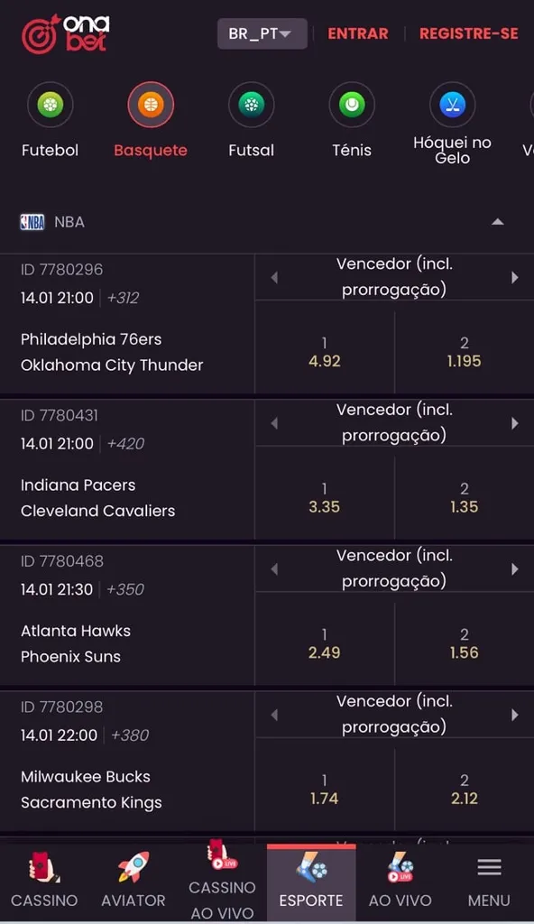 tela com op&ccedil;&otilde;es de jogos da NBA e seus mercados na Onabet