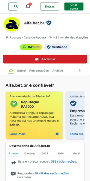 P&aacute;gina oficial da Alfa bet no Reclame Aqui