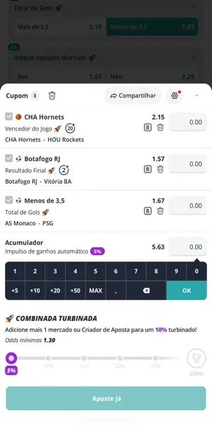 Imagem de uma aposta m&uacute;ltipla com pagamento antecipado no futebol e basquete