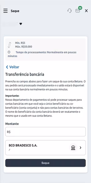 Tela com processo de saque via transfer&ecirc;ncia banc&aacute;ria na Betano