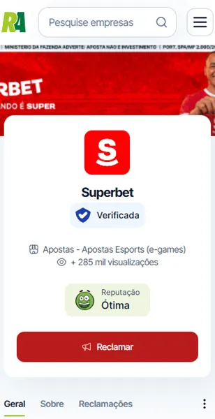 Imagem da p&aacute;gina oficial da Superbet no Reclame Aqui