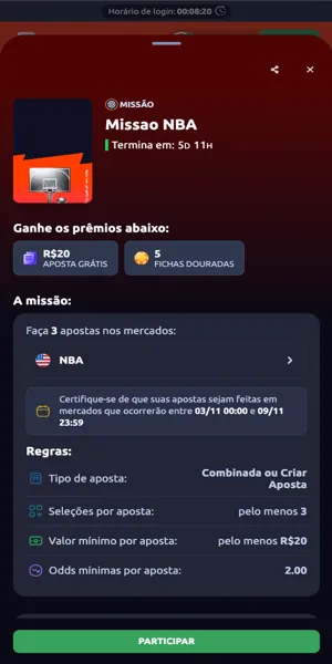 Imagem da página da missão NBA com aposta grátis de R$20 na Betano