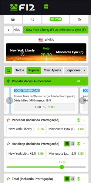 Odds turbinadas para partida da WNBA na F12 Bet Brasil