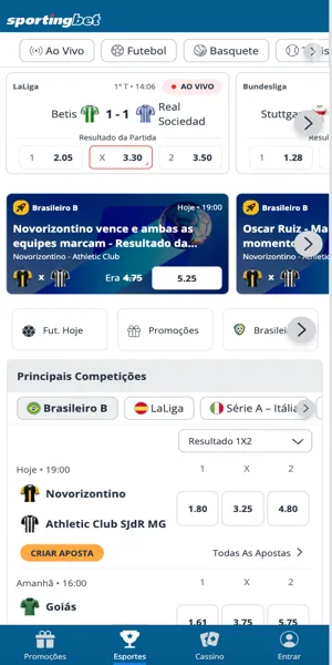 Imagem da tela inicial da Sportingbet com opções de apostas