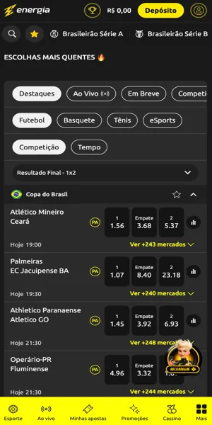 Print com a se&ccedil;&atilde;o de apostas esportivas dispon&iacute;veis na Energia Bet com dep&oacute;sitos a partir de R$1 via Pix