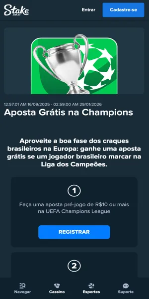 Imagem da página da promoção de aposta grátis na Champions League