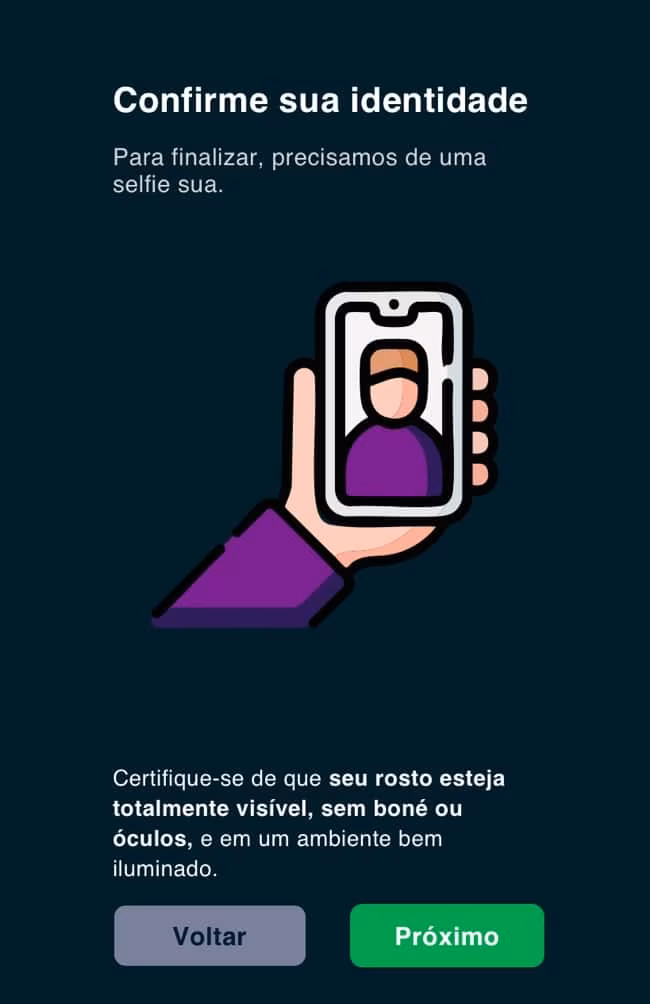 Tela com o segundo passo da verifica&ccedil;&atilde;o de identidade que inclui fazer uma selfie para cadastrar sua biometria facial no Seubet.