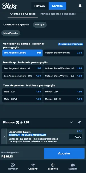 Imagem com um exemplo de aposta feito na NBA no site da Stake