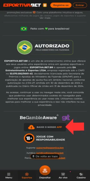 imagem com a opção de baixar o arquivo APK para instalar o Esportiva Bet app no Android