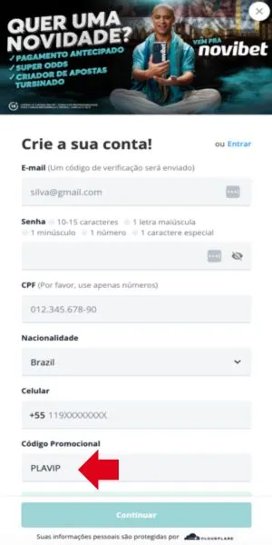 tela de registro na novibet