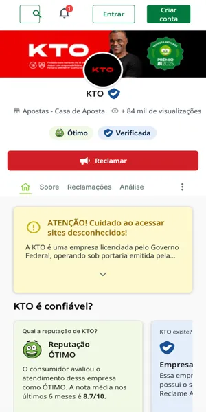 Imagem da página oficial da KTO no Reclame Aqui com classificação 8.7/10 pelos clientes
