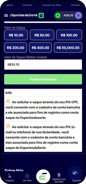 &Aacute;rea de saque do Esportes da Sorte com valores predefinidos e aviso sobre uso de Pix vinculado ao CPF.