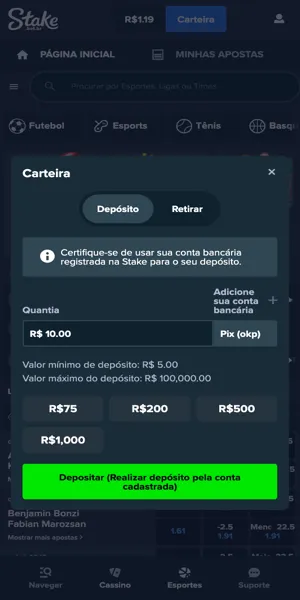 Imagem com o processo de depósito via Pix na Stake