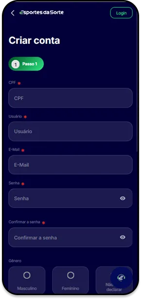Formul&aacute;rio de cadastro do Esportes da Sorte com campos para CPF, e-mail, senha e g&ecirc;nero.