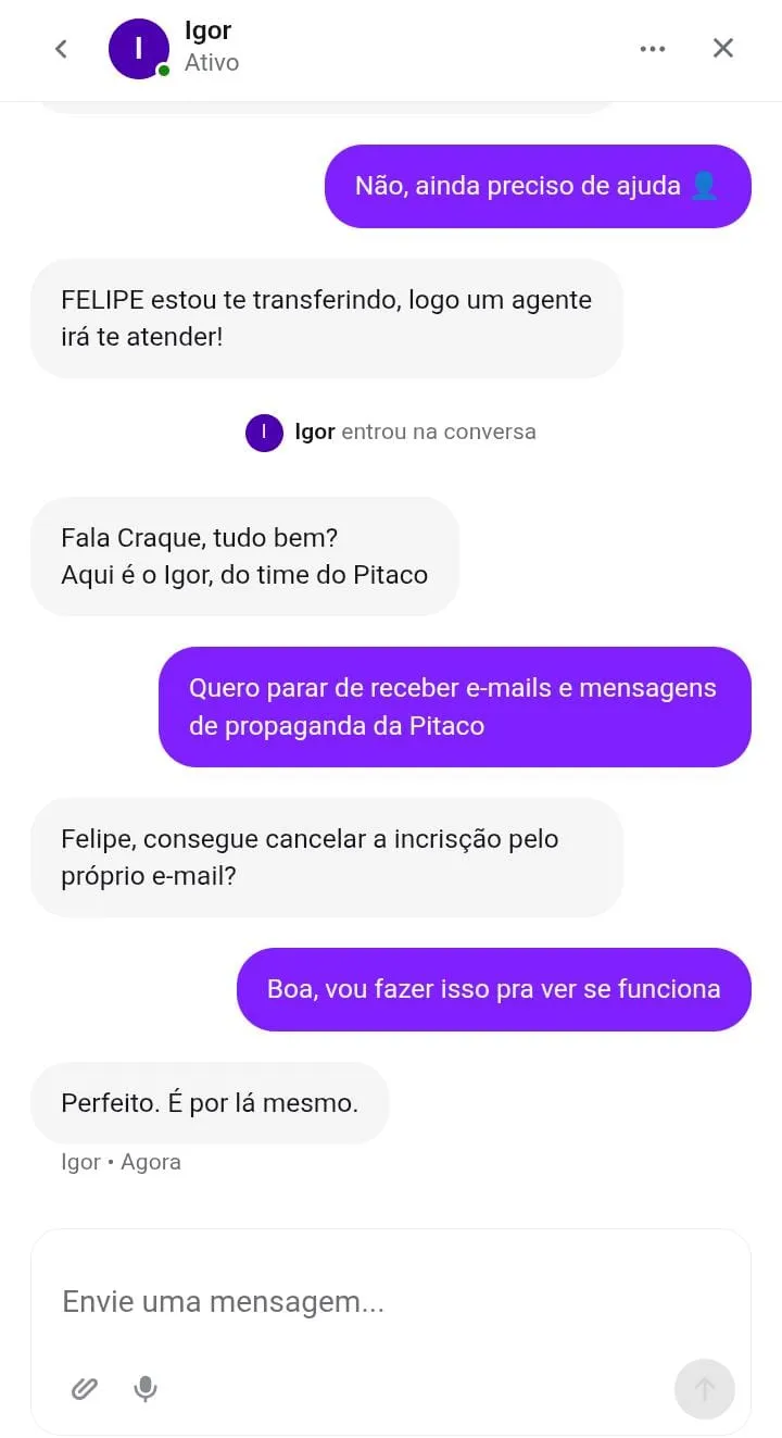Suporte ao vivo da Pitaco
