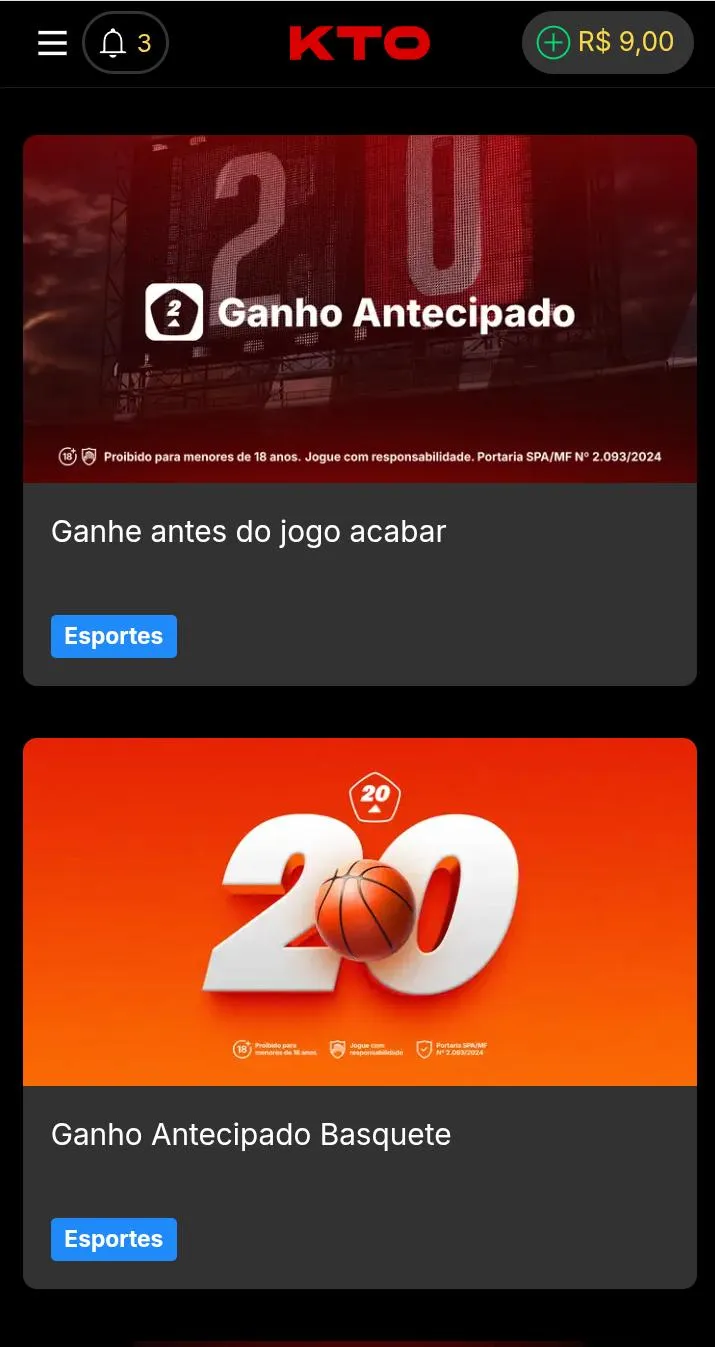 Ofertas de Hanho Antecipado de futebol e basquete da KTO