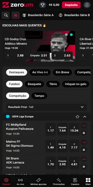 Tela com apostas esportivas na Zero Um Bet app