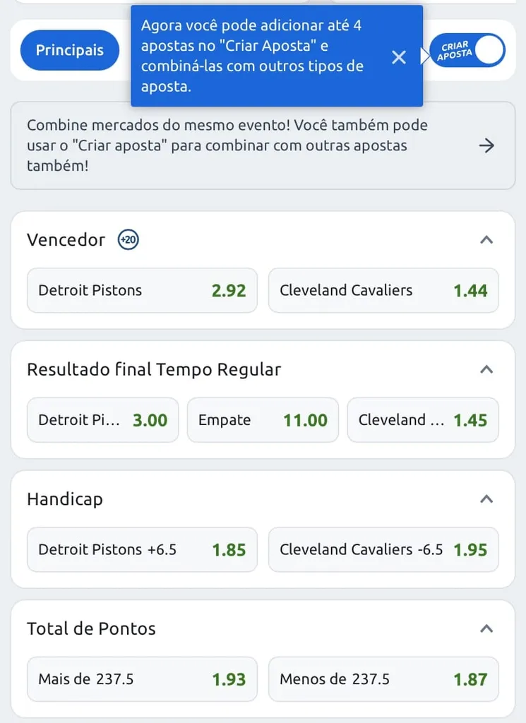 Tela com jogo selecionado e a função de criar aposta ativada para personalizar o palpite na Betano.